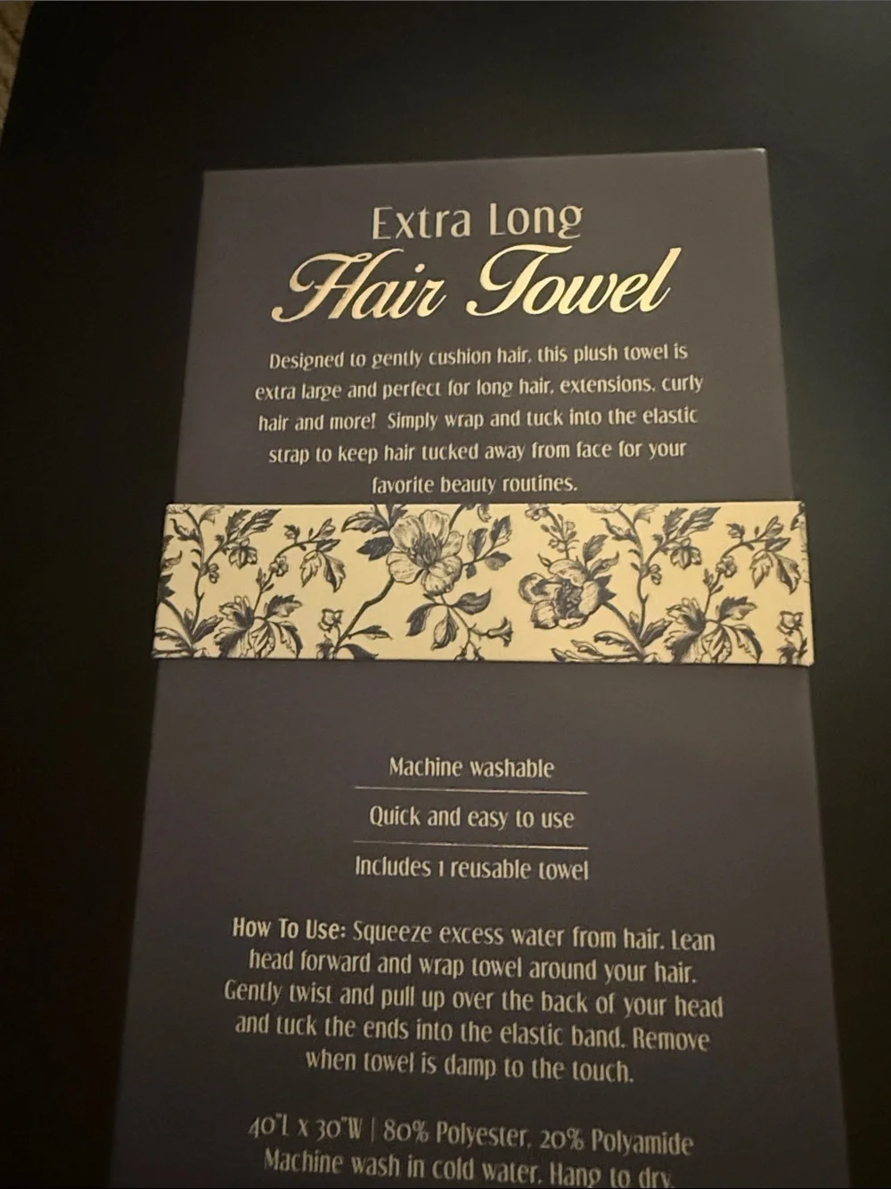 Extra Long Hair Towel with Blue Floral Pattern - Gentle Care